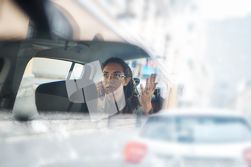 Image of Phone call, taxi mirror and woman stress, consulting problem or frustrated with urban city traffic, crisis or schedule. Travel risk, car transport fail or reflection of late person on morning journey