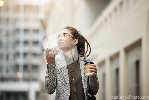 Image of Speaker phone call, outdoor and professional woman walking, planning and talk with business contact. Voice note, coffee break and female consultant on morning consultation, work trip or city commute