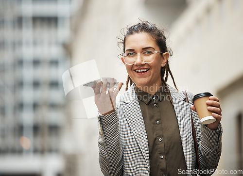 Image of Speaker phone call, city and corporate woman portrait, happiness or talking with business contact. Audio voice recording, smartphone mic and person walking on morning commute, coffee break or journey