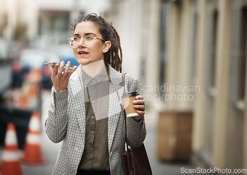 Image of Speaker phone call, city and business woman walking, consulting and talking in discussion, conversation or communication. Voice note, audio recording and professional person chat on morning commute