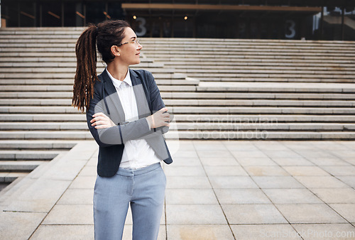 Image of Thinking, city and business woman on stairs with happy mindset for morning commute, journey and travel. Professional, ideas and female person with crossed arms for career, work and job in urban town