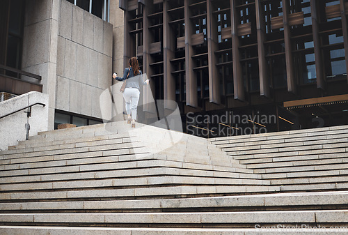 Image of Walking, city and business woman on steps for morning commute, journey and travel. Professional goals, growth and female person with coffee for career, work and job progress in urban town by building