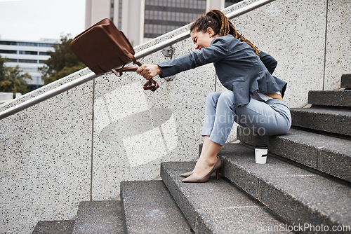 Image of Anger, stairs and business with woman in city for unemployment, job loss and crisis. Problem, stress and fear with female employee screaming in outdoors for mental health, frustrated and failure