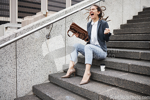 Image of Anger, shouting and business with woman in city for unemployment, job loss and crisis. Problem, stress and fear with female employee screaming in outdoors for mental health, frustrated and failure