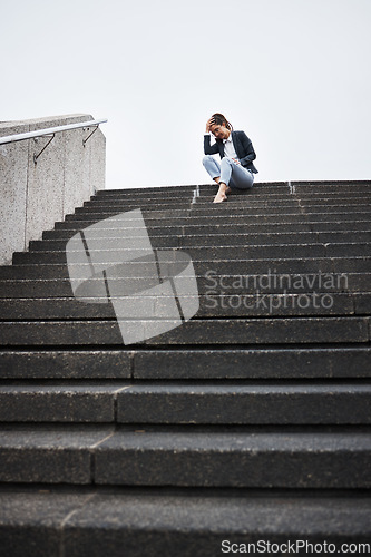 Image of Depression, stairs and business with woman in city for unemployment, job loss and sad. Problem, stress and fear with female employee thinking in outdoors for mental health, frustrated and failure