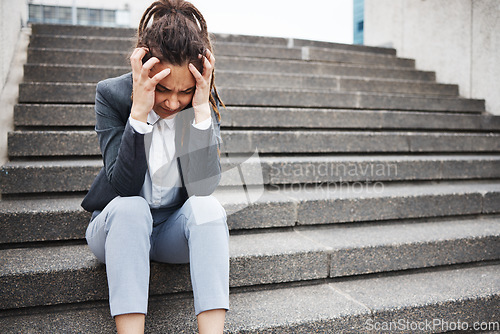 Image of Sad, unemployment and business with woman in city for risk, job loss and depression. Problem, stress and fear with female employee thinking in outdoors for mental health, frustrated and failure