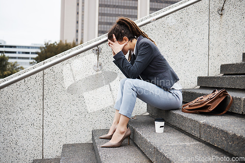Image of Sad, stairs and business with woman in city for unemployment, job loss and depression. Problem, stress and fear with female employee thinking in outdoors for mental health, frustrated and failure