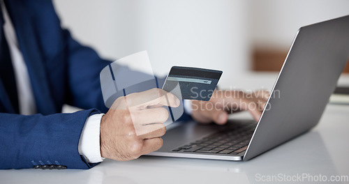 Image of Credit card, hands and business man at laptop for fintech, accounting investment or savings budget. Closeup of trader, investor and computer for online shopping, ecommerce banking or trading money