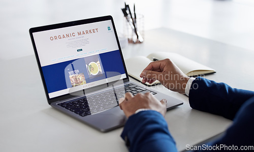 Image of Online shopping menu, laptop and person hands reading screen for food delivery, restaurant webdesign or web store. About us, organic nutrition market and healthy customer decision on website homepage