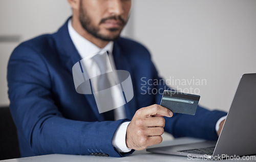 Image of Corporate, man and hands at laptop with credit card for ecommerce, accounting or banking investment. Closeup of trader at computer for online shopping, fintech and trading money in financial economy