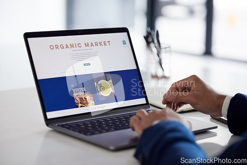 Image of Online shopping menu, laptop screen and person hands reading food delivery, restaurant webdesign or web store option. About us, organic market homepage and hungry customer with lunch nutrition choice