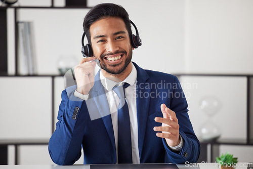 Image of Customer service portrait, smile and business man consulting on help desk support, telecom or sales pitch. Telemarketing communication, contact us or professional person talking in call center office