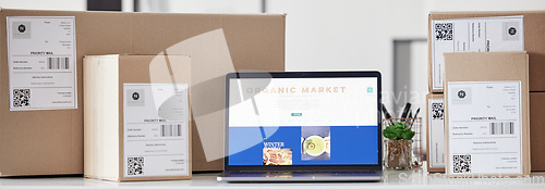 Image of Online shopping menu, laptop screen or delivery boxes of food order, restaurant webdesign or ecommerce service. About us, organic market homepage or nutrition choice, package or supply chain shipping