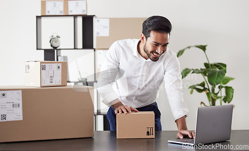 Image of Laptop, box and business Asian man for logistics startup for shipping, delivery and distribution service. Ecommerce, supply chain and male person on computer planning for package, parcel and order