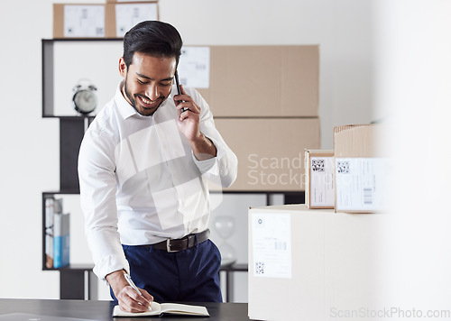 Image of Phone call, business notebook and happy man with delivery notes, writing order schedule or planning shipping distribution. Supply chain, ecommerce planner or logistics person talk with cellphone user