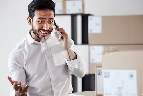Image of Phone call communication, delivery and business man discussion about storage inventory, distribution or shipping. Supply chain, export service or professional person consulting with cellphone contact