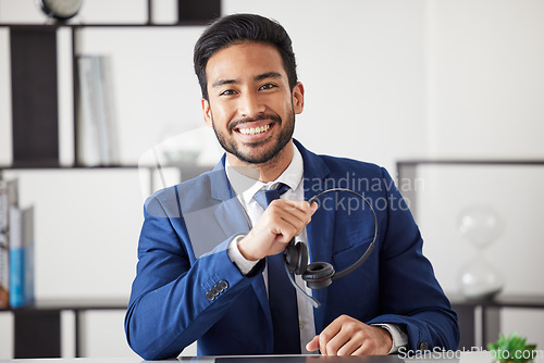 Image of Call center, office portrait and happy man, professional receptionist or consultant smile for company customer care. Lead generation, contact us or corporate person happiness in telemarketing office