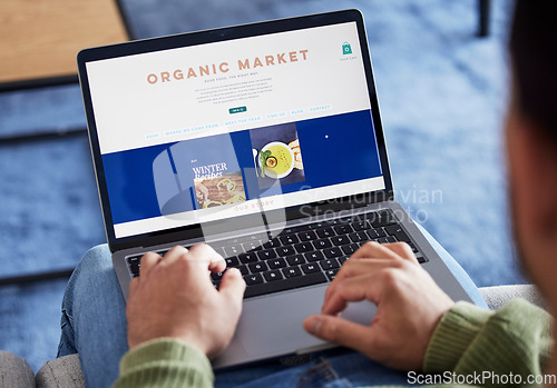 Image of Food delivery menu, laptop or hands of person reading digital restaurant web store or online shopping. About us homepage screen ux, organic market info or customer typing to search for lunch in house