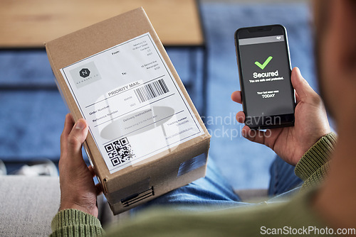 Image of Box label, phone screen and person hands reading security verification check, safety scan or track online shopping order. Tick, mail shipping and home customer with cellphone, delivery app or package