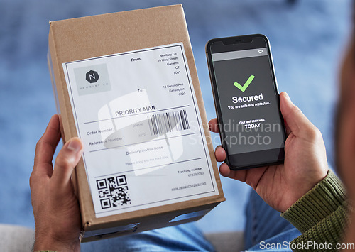 Image of Cardboard box label, phone screen or person hands with security check success, safety scan or export order verification. Tick, mail or home client with mobile app, retail delivery or shopping product