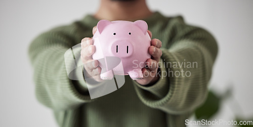 Image of Finance, investing or hands of person with piggy bank for financial wealth growth or savings increase. Closeup, income or investor holding cash safe or budget in tin for safety or insurance security