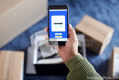 Image of Phone screen, person hands and online shopping payment, digital credit card or pay shipping distribution with banking app. Smartphone, omnichannel or home customer with export, fintech sales or boxes