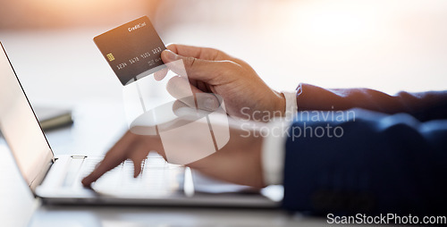 Image of Business man, hands and credit card at laptop for ecommerce, accounting budget or banking investment. Closeup of worker at computer for online shopping, fintech and trading money in financial economy