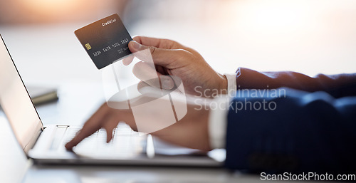 Image of Corporate, man hands and credit card at laptop for ecommerce, accounting budget or savings investment. Closeup of sales trader at computer of online shopping, fintech banking or code in trading money