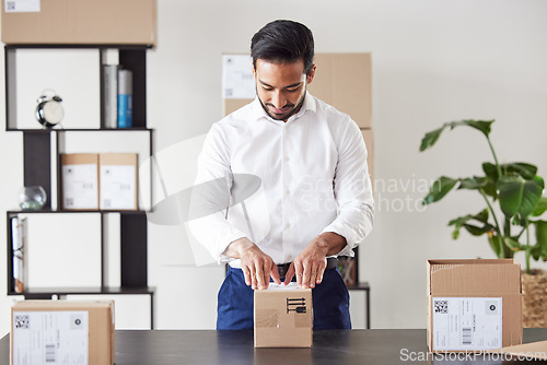 Image of Courier, delivery and businessman with box for shipping logistics, product label or distribution service. Ecommerce, label sticker or entrepreneur sending a mail post package, freight parcel or cargo