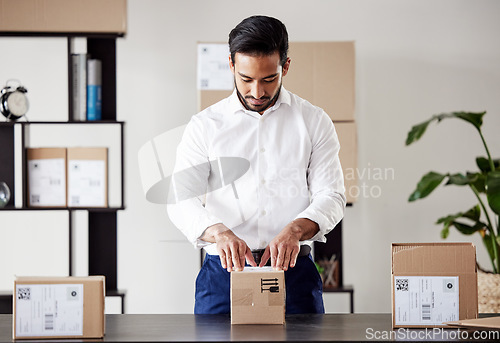 Image of Courier, delivery and businessman with box for ecommerce logistics, product label or distribution service. Shipping, supply chain or entrepreneur planning for a store package, freight parcel or cargo