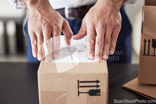 Image of Label, delivery or hands of man with box for courier cargo, ecommerce or supply chain distribution service. Shipping, order sticker or postman sending a store package, freight parcel or mail product