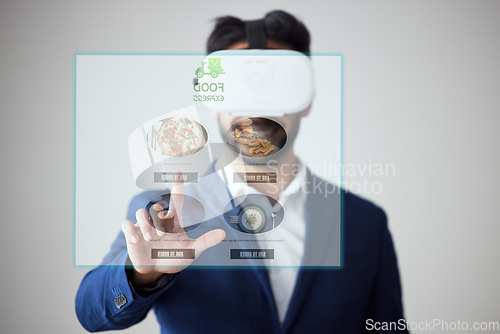 Image of Online shopping menu, future screen and man point select fast food delivery, restaurant store choice or web catalog. Meal, virtual reality dashboard or business customer decision on metaverse website