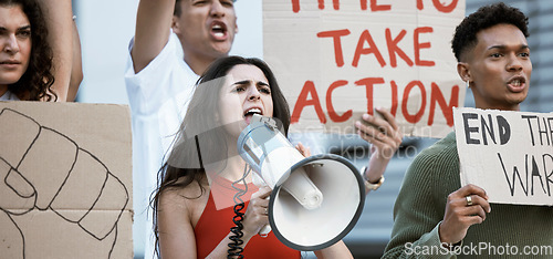 Image of Community, justice and woman with a megaphone for protest announcement, change or power. Speaker, transformation and crowd of people with bullhorn for rally, vote or freedom, government or speech