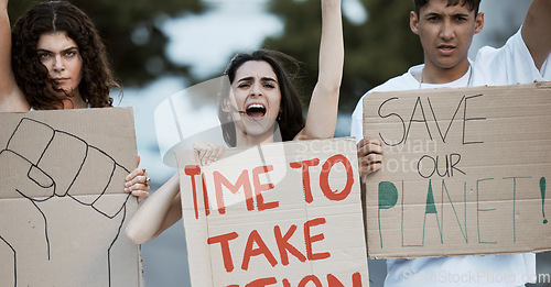 Image of Climate change, crowd and people portrait with power fist or banner in city for announcement or transformation. Group, face and angry earth activist outdoor with poster for democracy, protest or vote