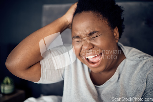 Image of Insomnia, screaming and black woman in bedroom at night with anxiety, headache and stress at home. Depression, tired and female person with pain for mental health problem, anger and morning fatigue