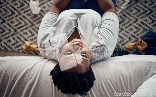 Image of Sad, crying and black woman with depression, stress or anxiety from broken heart or divorce at home. Tears, stress or person in pain from breakup, trauma or disaster of death or mental health above