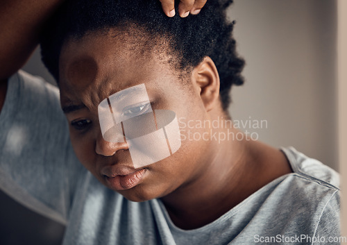 Image of Sad, thinking and a black woman with depression in a house with anxiety or a mental health idea. Home, anxiety and an African girl or person with vision of life while frustrated from a mistake