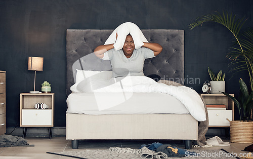 Image of Pillow, bed and black woman frustrated with insomnia, depression or anxiety from broken heart or divorce. Crying, morning or angry person worried by stress, trauma or disaster of death or breakup