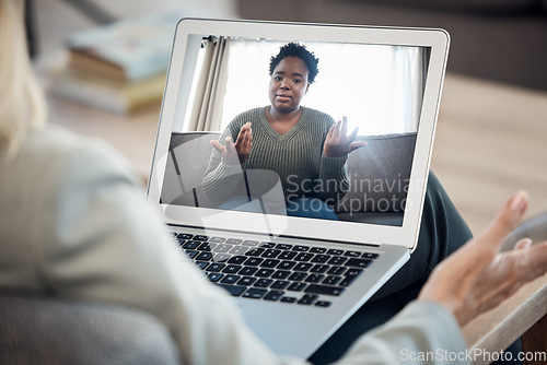 Image of Woman, video call and therapy on laptop screen for support, advice or helping with mental health in online meeting. Virtual psychologist or therapist talk to client or african person on computer