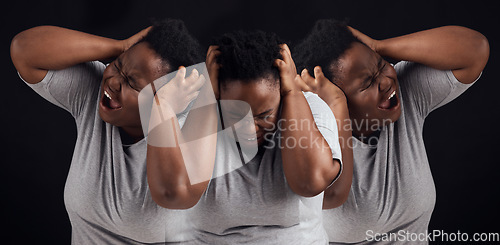 Image of Schizophrenia, fear and black woman on a studio background for mental health problem. Bipolar, psychology and an African girl or sick person screaming with stress, anxiety or frustrated on a backdrop