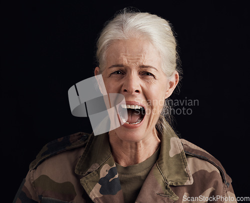 Image of Portrait, shout and senior woman, soldier or Ukraine war hero with PTSD trauma, fear or depression anxiety. Military warrior, schizophrenia or studio face of scared veteran person on black background