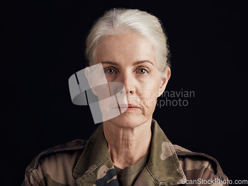 Image of Soldier, studio portrait and senior woman of military service, battle warrior or Ukraine war hero, leader or navy veteran. Army pride, security and face of elderly person isolated on black background