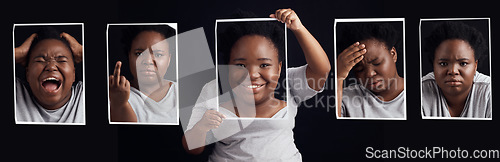 Image of Mental health, psychology and bipolar with portrait of black woman in studio for schizophrenia, anxiety and depression. Personality disorder, sad and fear with pictures of person on dark background