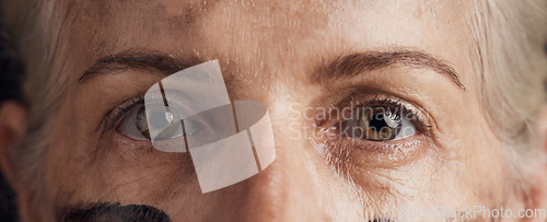 Image of Senior woman, eyes and closeup with crying, portrait and sad with wrinkles, optometrist and tears. Elderly lady, eyesight or model with depression, ophthalmology or healthcare in retirement with face