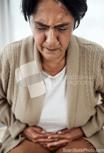 Image of Stomach pain, sick or illness with a senior woman in her home, holding her belly in discomfort. Healthcare, medical and emergency with an elderly pensioner feeling uncomfortable after food poisoning