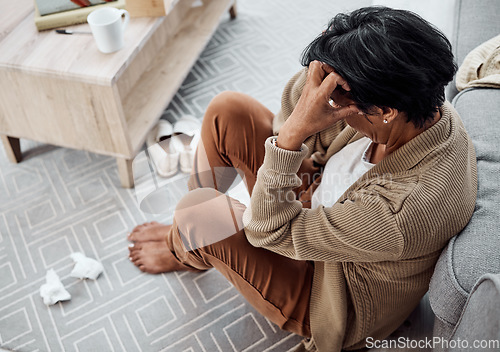 Image of Stress, divorce or sad woman with depression, anxiety or mental health problem in house living room. Worry, cry or tired person thinking of broken heart, loss or stress from emotional grief at home