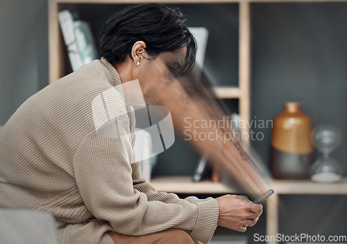 Image of Addiction, chat and a woman with a phone for social media, communication or contact. House, notification and a person with face in screen of a mobile for an email, conversation or connection