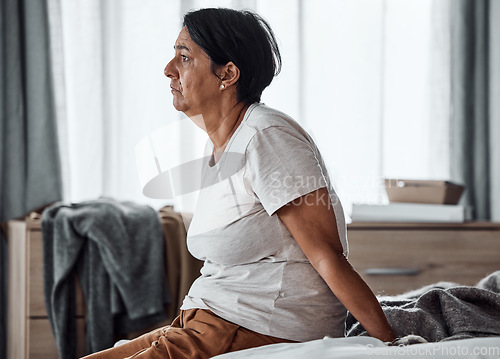 Image of Senior woman, depression and mental health, sad with psychology and stress, thinking about life crisis with grief. Female person at home, depressed with fatigue and burnout, retirement and pain