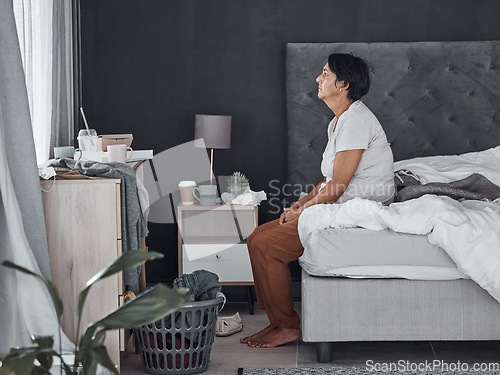 Image of Elderly woman, depression and mental health, psychology and sad, tired with stress and life crisis, grief and loss at home. Female person, depressed in bedroom and burnout, retirement and pain