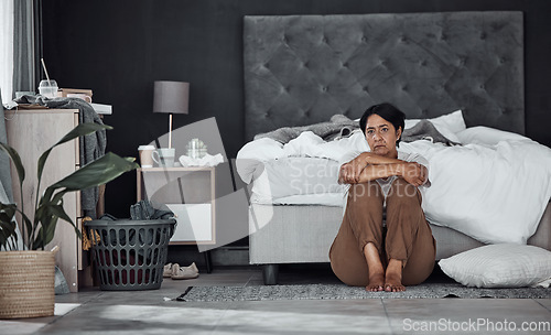 Image of Insomnia, divorce or mature woman with depression, anxiety or mental health problem in bedroom. Worry, tired or sad senior person thinking of broken heart, loss or stress from emotional grief at home